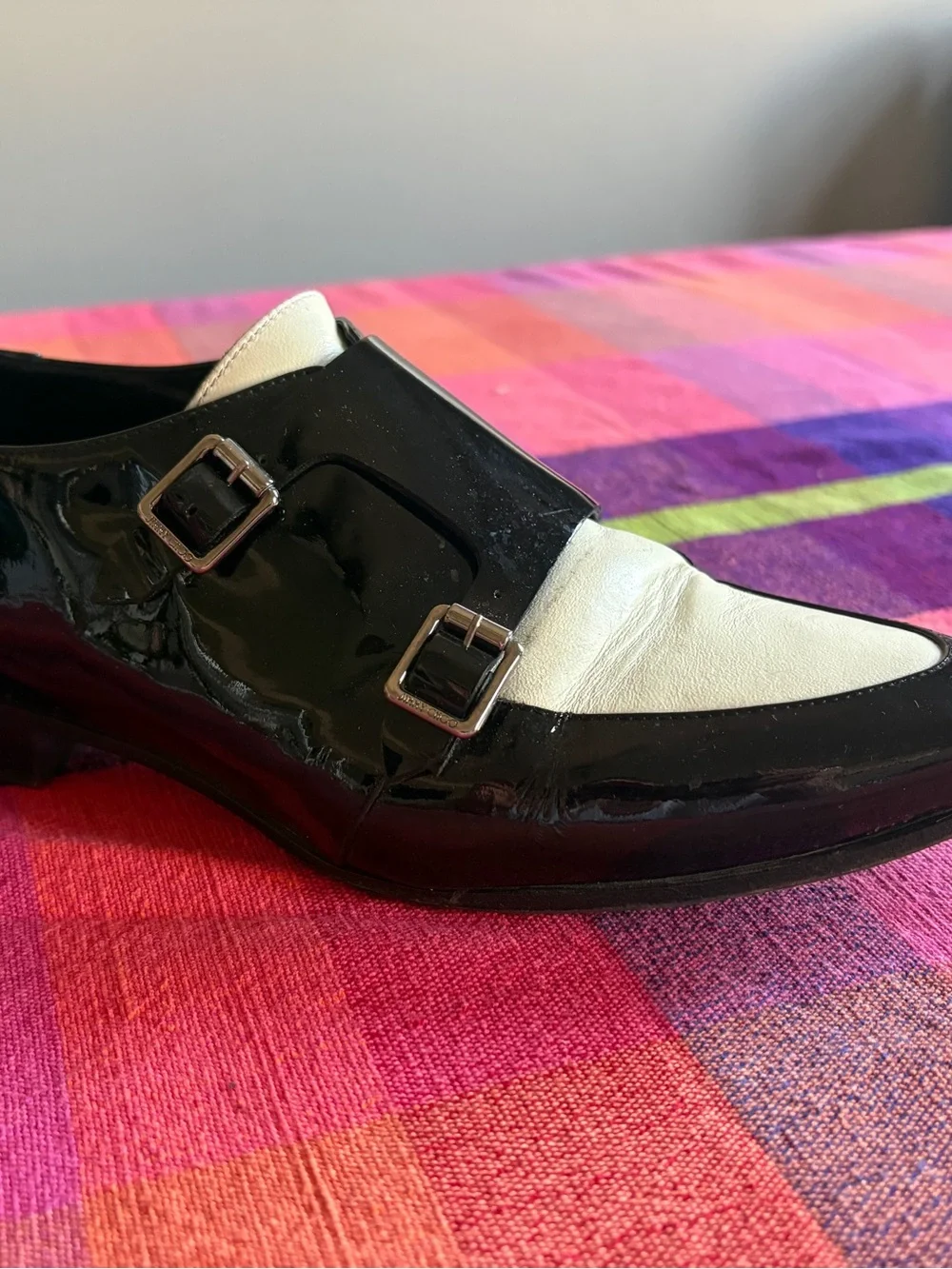 Women’s  Black Patent Leather Double Monk Strap Shoes size 39 in black and white